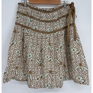 Gap Womens A-Line Skirt Brown Aqua Floral Honeycomb Ribbon Knee-Length Sz 12
